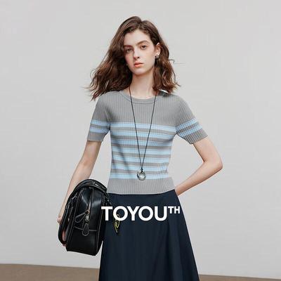 Chuyu Women's Ice Silk Striped Short Sleeve Knit Top