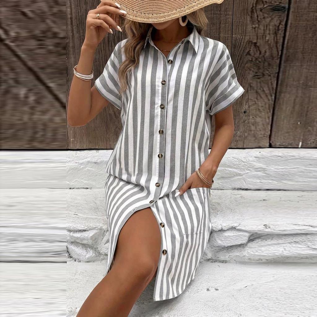 Women's Striped Shirt Dress Short Sleeve Button Front Casual Loose Fit Dress With Pockets