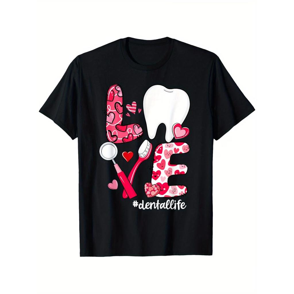 LOVE Tooth Heart Dental Life Funny Valentine's Day T-Shirt, Unisex Cotton Casual Round Neck Outdoor Short Sleeve T-shirt