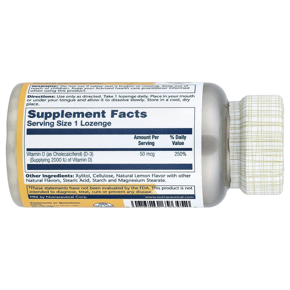 Solaray Vitamin D-3 Chewable Tablets, Lemon Flavor, 50mcg, 60 Tablets