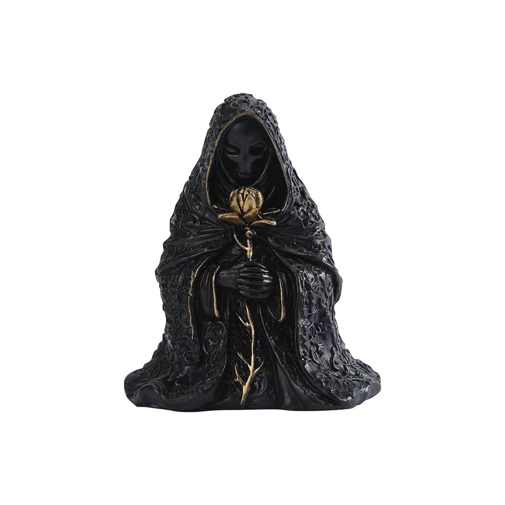 Black Resin Grim Figurine Holding Golden Flower - Gothic Home Decoration