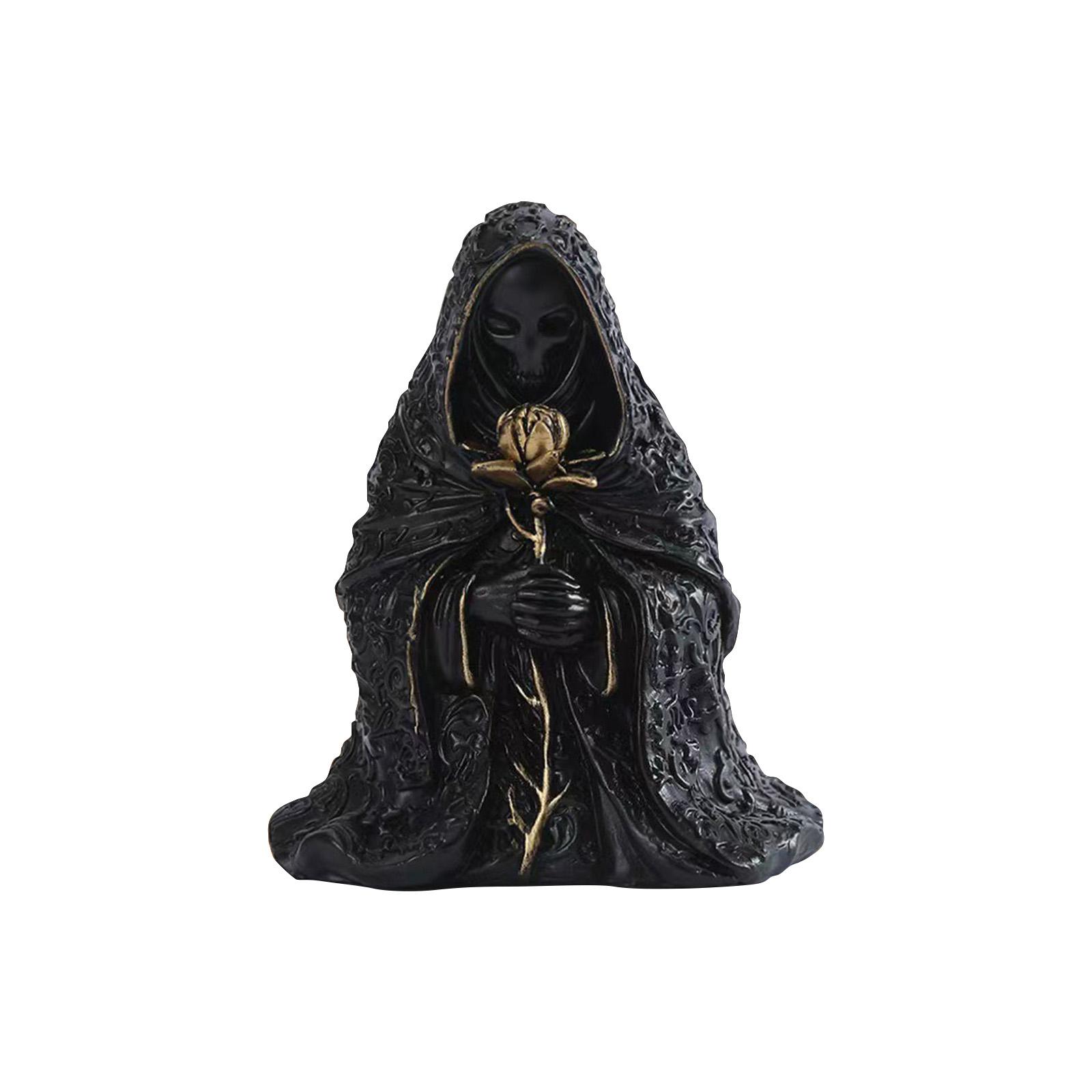 

Черная смола Мрачная фигурка, держащая золотой цветок - Готическая домашняя декорация One Size