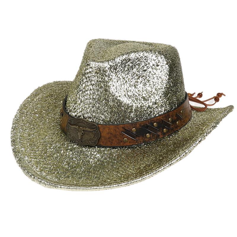 Glitzerndes Cowboyhut Unisex Westernstil Breiter Rand Fedora Hut für Party Festival Cosplay