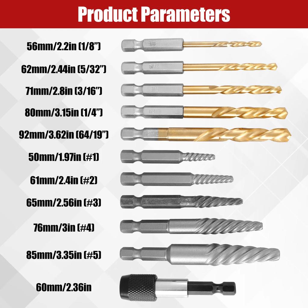 11Pcs Screw Extractor Kit Carbon Steel Hex Bolt Extractor Tool Center Drill Bits Guide Set Damaged Screws Remover Tools Easy Out