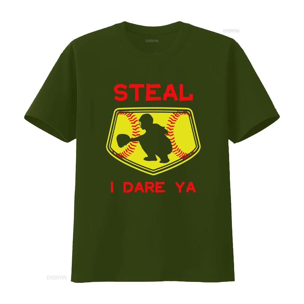 Steal I Dare Ya Softball Catcher T Shirt Funny For Players Bas vintage Washed Top For Everyday Wear homme graphic