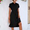 Women's Fashion Casual Color Lapel Button Shirt Tie Short Sleeve Dress