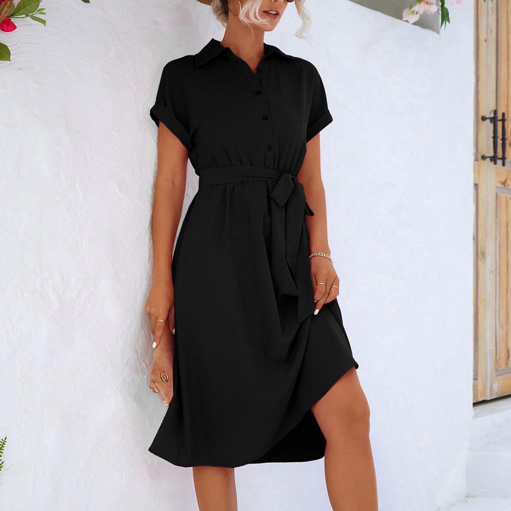 Women's Fashion Casual Color Lapel Button Shirt Tie Short Sleeve Dress