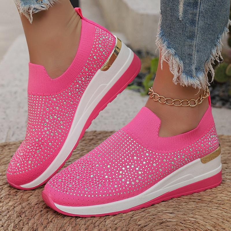 Fashion Hot Pink Shiny Crystal Knitted Sneakers for Women Fashion Wedge Comfortable Sports Shoes Woman Lightweight Slip On Running Shoes