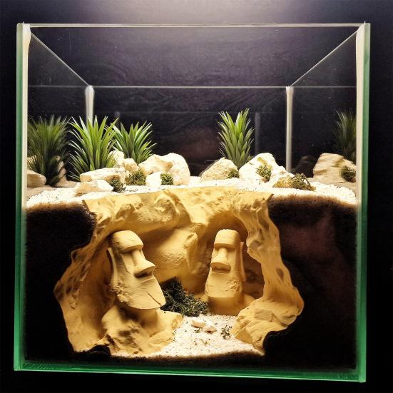 Aquariumhöhle Tunnel Osterinsel Moai Statuen unter Kieshöhle Kleinfisch- und Garnelenversteck mit Sichtfenstern für Betta Pleco Garnelen