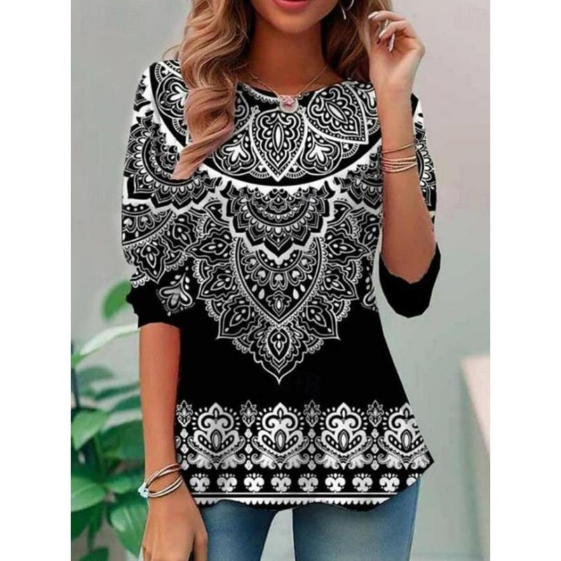 Women's Casual T-shirt 3D Printed Ethnic style vintage prints Round Neck Retro Elegant Long Sleeves Women's Fashion Pullover Long Sleeve Tops