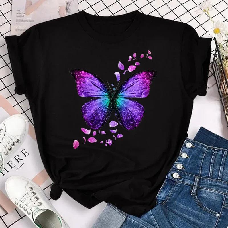 Women's Color Butterfly Petal Print T-Shirt Short Sleeve Crew Neck Cute Pattern T-Shirt Women's Top