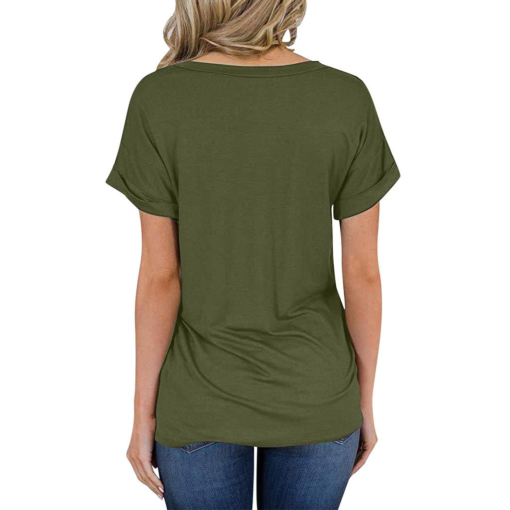 Women's Fashion Spring/summer V-neck Pocket T-shirt With Rolled Edge Short-sleeved Loose Top