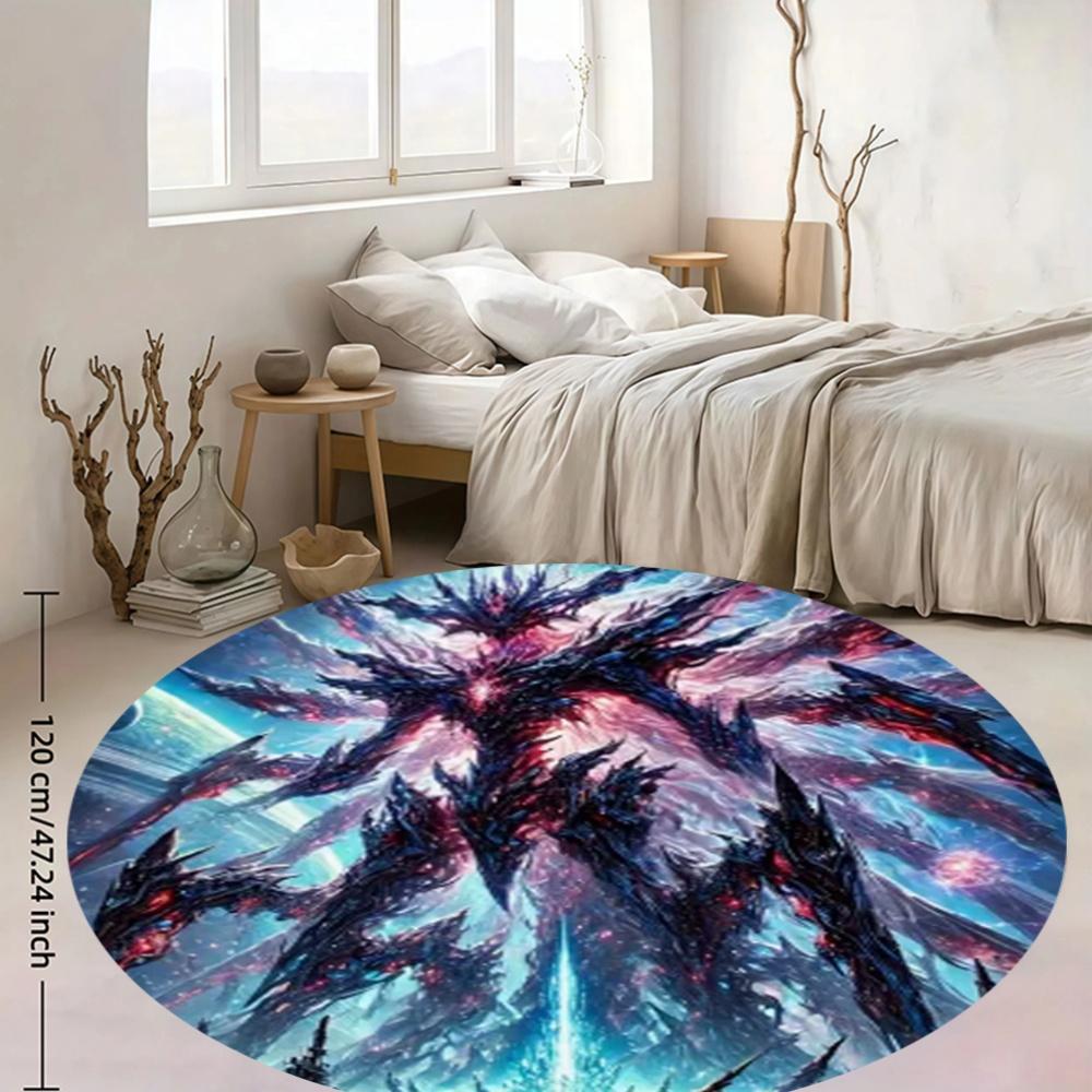 Cosmic Monster Round Rug Flannel Sci Fi Fantasy Floor Mat Gaming Room Decor Alien Creature Galaxy Background Soft Carpet