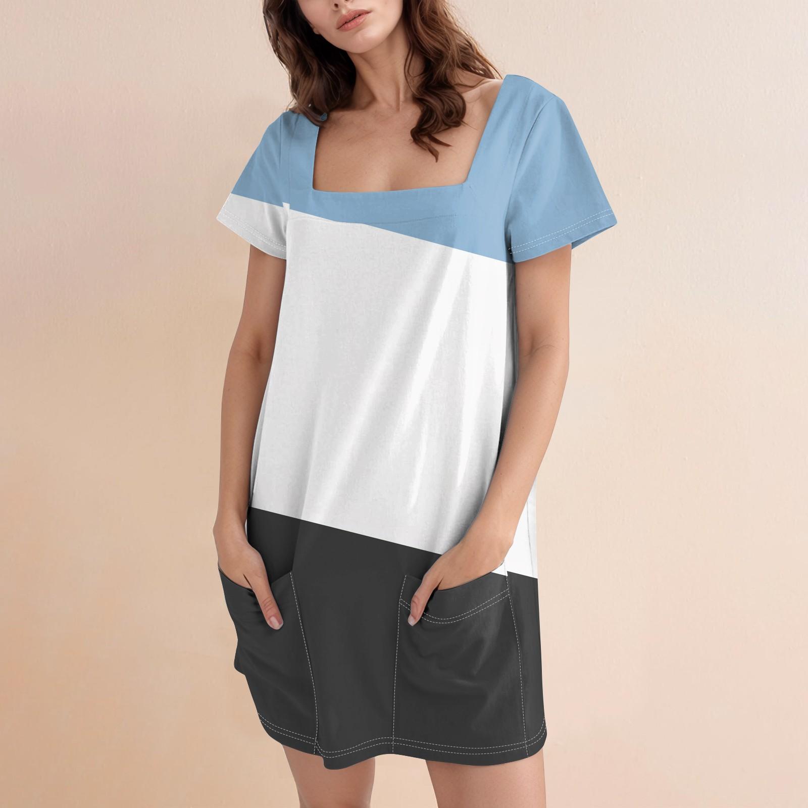 

Women s Fashion Casual Print Square Neck Short Sleeve Short Dress XXXL білий