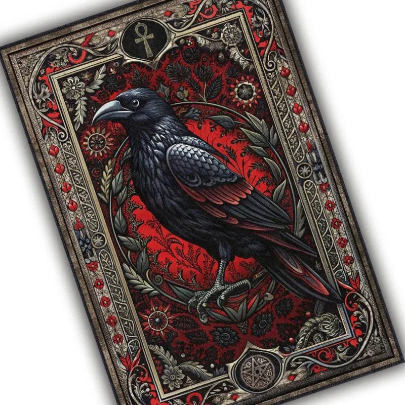 Gothic Raven Rug with Ankh and Pentagram Symbols Dark Academia Rug Black Cool Satanic Home Decorative Rug Floor Entrance Mat
