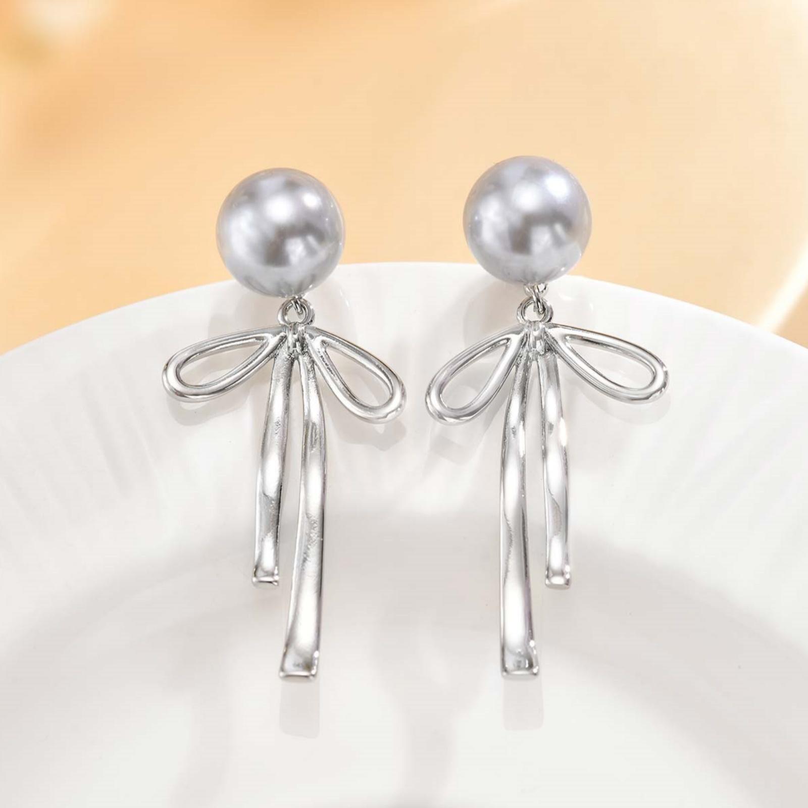 Elegant Charm Imitation Pearl Bowknot Drop Earrings for Women, Silver Color Long Tassels Bow Earrings, Fashion Statement Jewelry