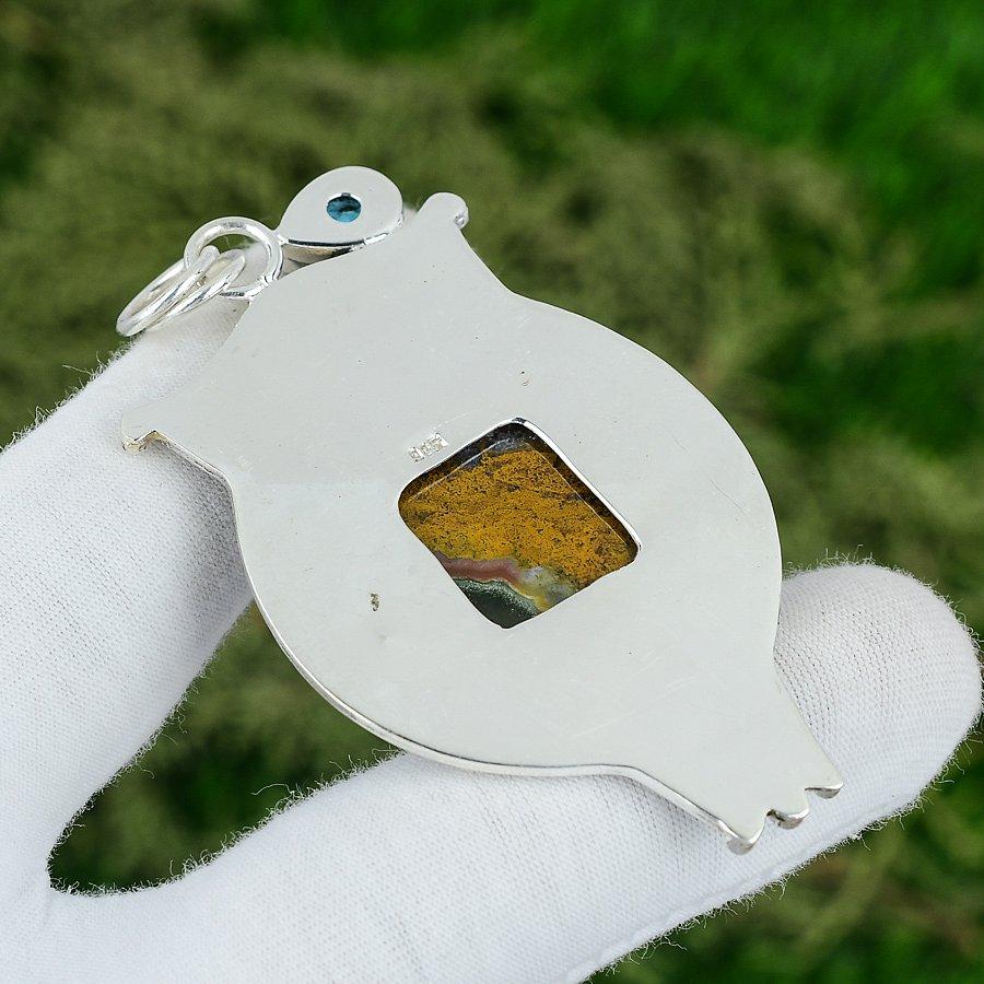 925 Sterling Silver Natural Ocean Jasper Swiss Blue Topaz Trendy Pendant Jewelry
