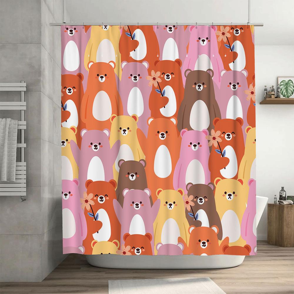 Adorable Cartoon Bear Print Shower Curtain for Bathroom Decor 3D Waterproof Fabric Hanging Multiple Colors Available