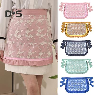 Öldichte Taillenschürze, weiche Spitze, bestickt, Damen-Server-Kellnerin, kurze Halbschürze mit 2 Taschen für die Küche