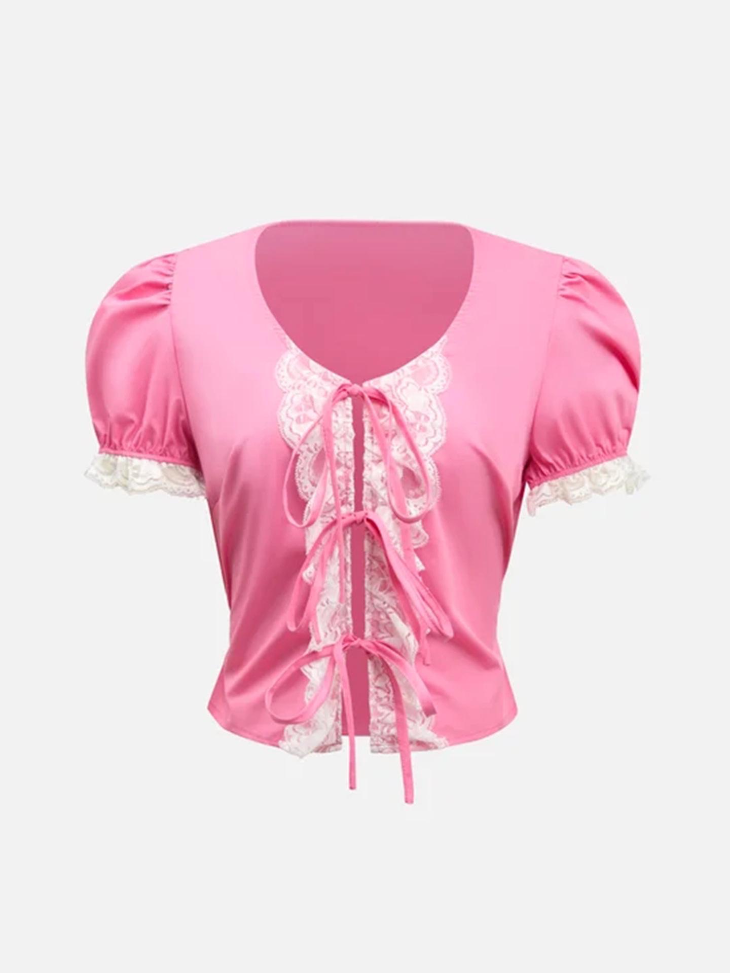 Sweet Lace-Up Puff Sleeve Top - Women s Slim Fit Short Sleeve T-Shirt for Spring/Summer XS