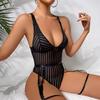 European & American Fishnet Striped Garter Bodysuit - Sexy Lingerie Set