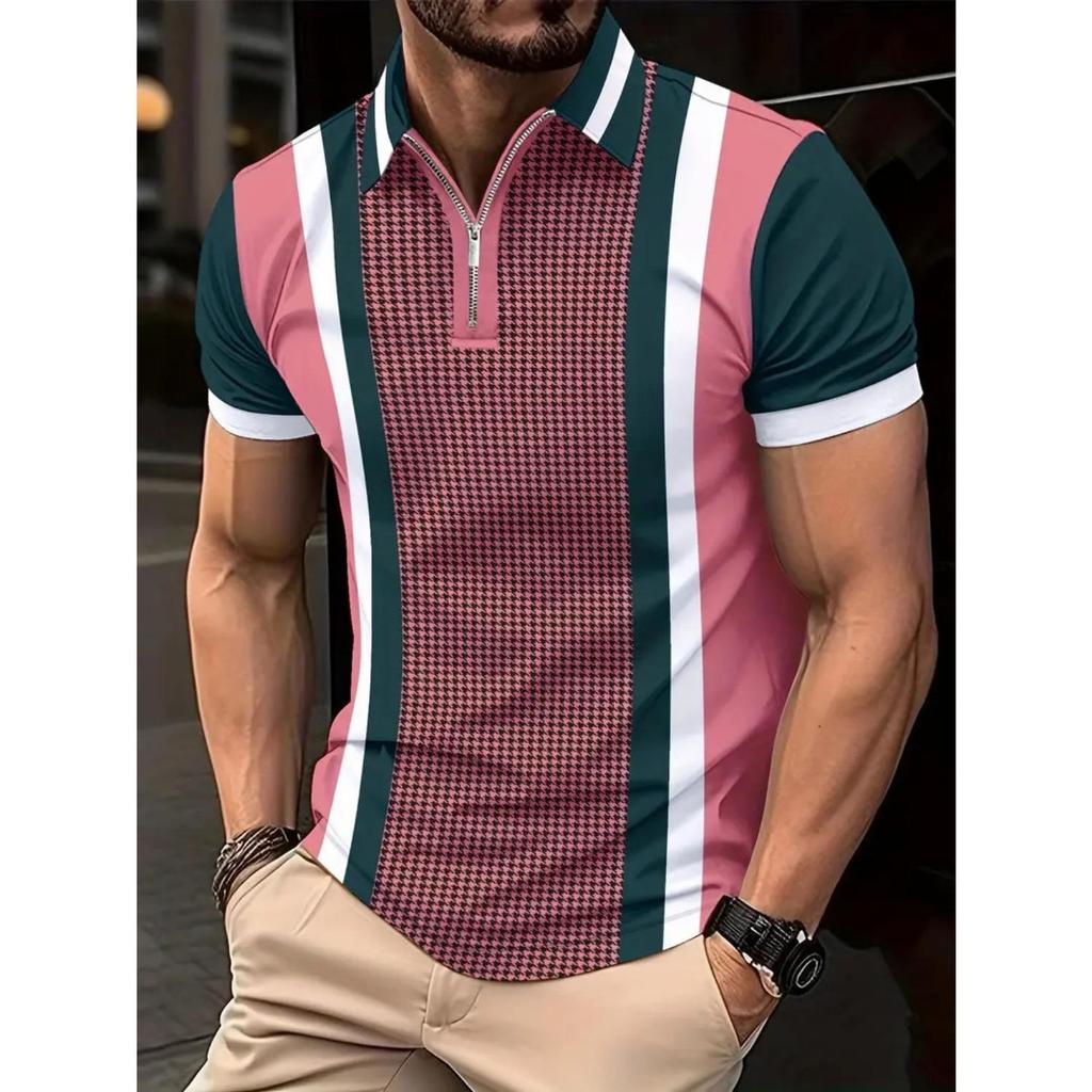 Striped Printed Polo Shirt Men's Daily Outdoor Casual Lapel Short Sleeve Polo Shirt