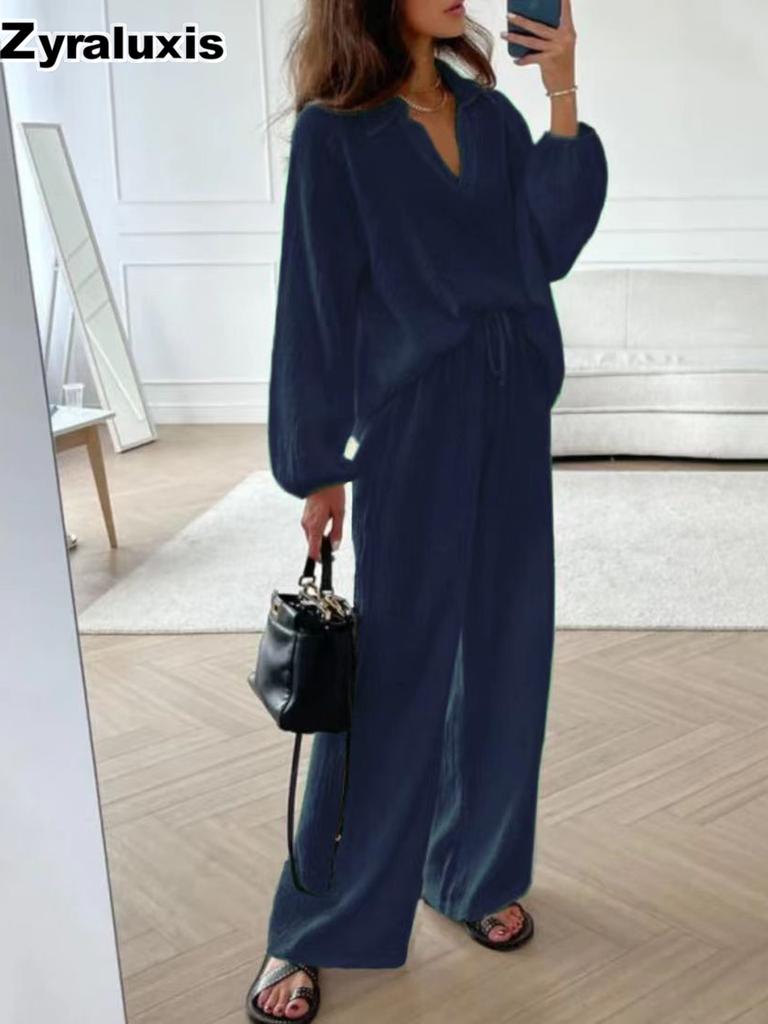 Elegant Women's Casual Loose Set Women Long Sleeve Top + Drawstring Pants Outfit Autumn Winter Two Piece Suit