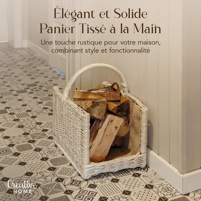 Panier à bûches - CREATIVE HOME - Cheminée - Osier 100% naturel - Avec poignée - Blanc 45x30x47 cm