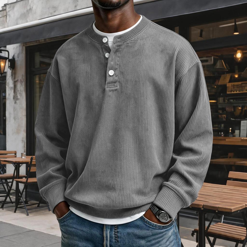 Felpa da uomo casual in velluto a coste con scollo, manica lunga, top pullover a vestibilità larga rétro con abbottonatura, per l'uso quotidiano