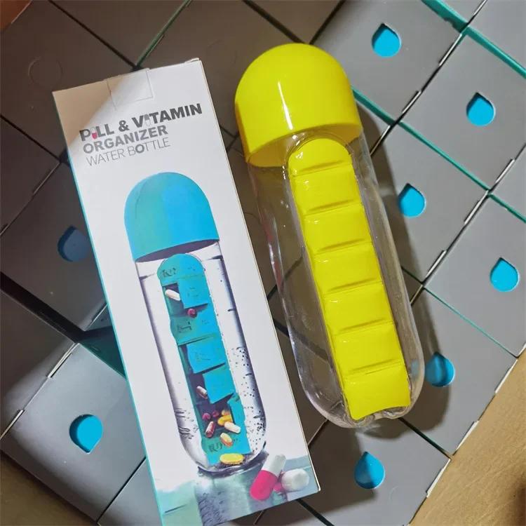 Multifunkční Vysoce Kvalitní 600ML Polykarbonátová Láhev na Vodu s Dávkovačem na Léky, Organizér na Léky, Nádoba na Pití, Bez BPA