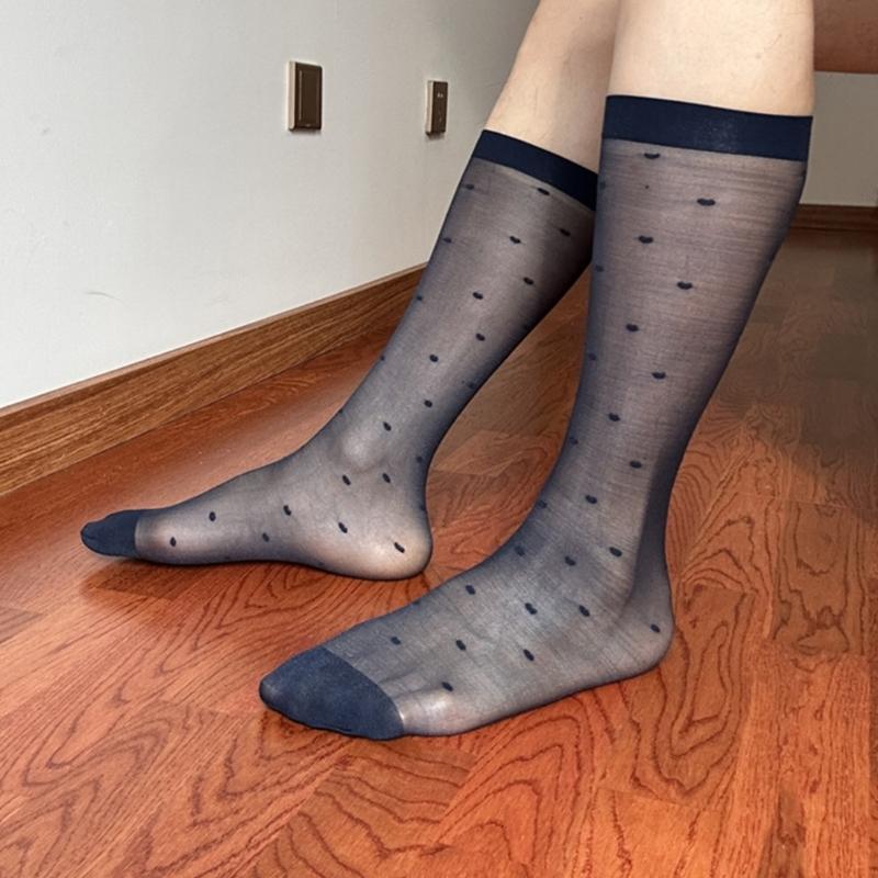 Men's Fashionable Sheer Over the Calf Long Socks Breathable See Through Dot Pattern Dress Suit Socks for Business Wear