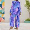 Women Plus Size Red Floral Printed Round Neck Long Sleeve Layered Top Wide Leg Cropped Pants Two Piece Set