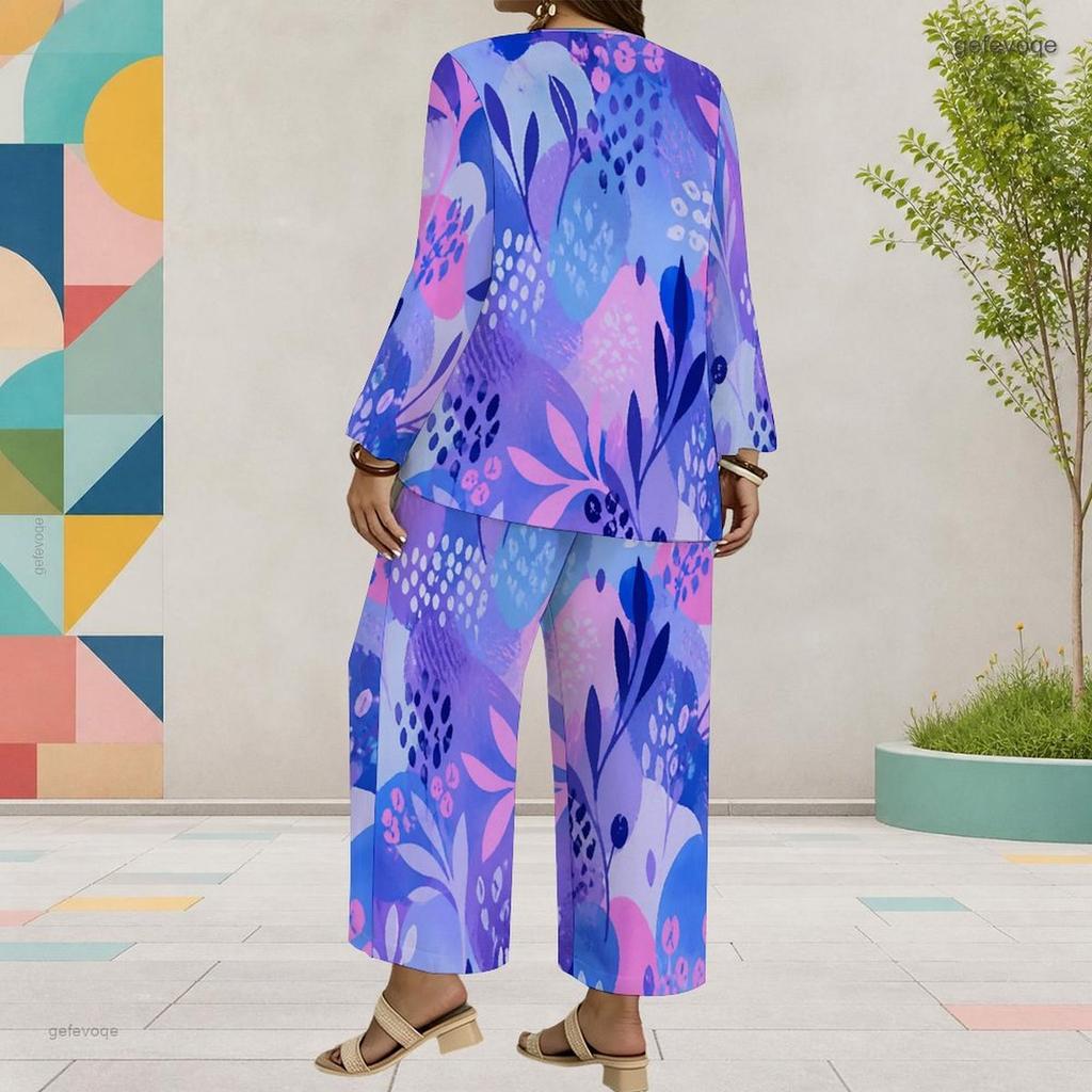 Women Plus Size Red Floral Printed Round Neck Long Sleeve Layered Top Wide Leg Cropped Pants Two Piece Set