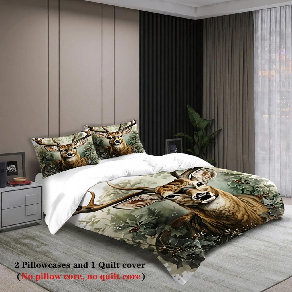 Watercolor Vivid Deer And Plants Printed 3pcs Duvet Cover Rustic Animal Style 100% Polyester Bedding Sets Double/Queen Size