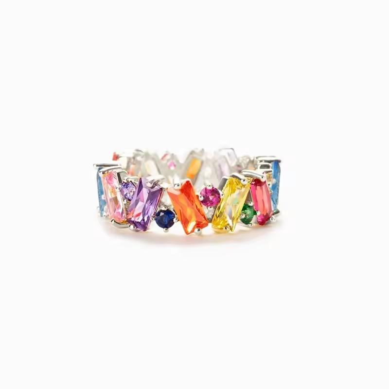 

New Irregualr Design Colorful CZ Women Rings Gold Color/Silver Color Geometric CZ Rainbow Rings Luxury Trendy Exquisite Jewelry 6 серебряный