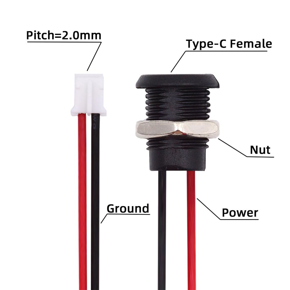 Cablecc Reversible Female DIY OEM Socket Cable Pitch Panel Mount DC 5V Power 5pcs/Set Type-C - 2-Pin Header, = 2.0mm, Type,