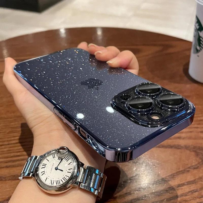 Glitter Transparent Hard PC Slim Case for iPhone 16 15 14 Pro Max Plus 13 12 11 Plating Clear Camera Protector Ultra Thin Cover