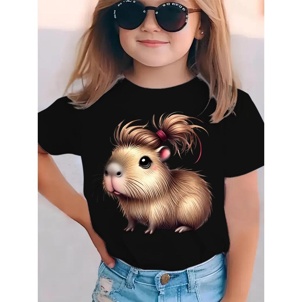 Girls Capybara Print Short Sleeve T-Shirt Cute Capybara Crew Neck Short Sleeve Tee Funny Capybara Hair Clothes Child Girl