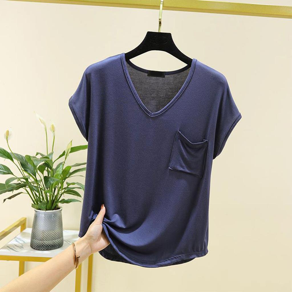 Women's Loose Casual V-neck Pocket Short Sleeved T-shirt For Summer Thin Cut Single Top Solid Color Inner Layer Bottom Layer