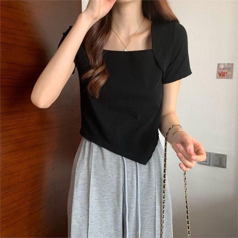 

2024 Women s Chic Slim Fit Irregular Square Collar Short Sleeve T-Shirt XL чёрный