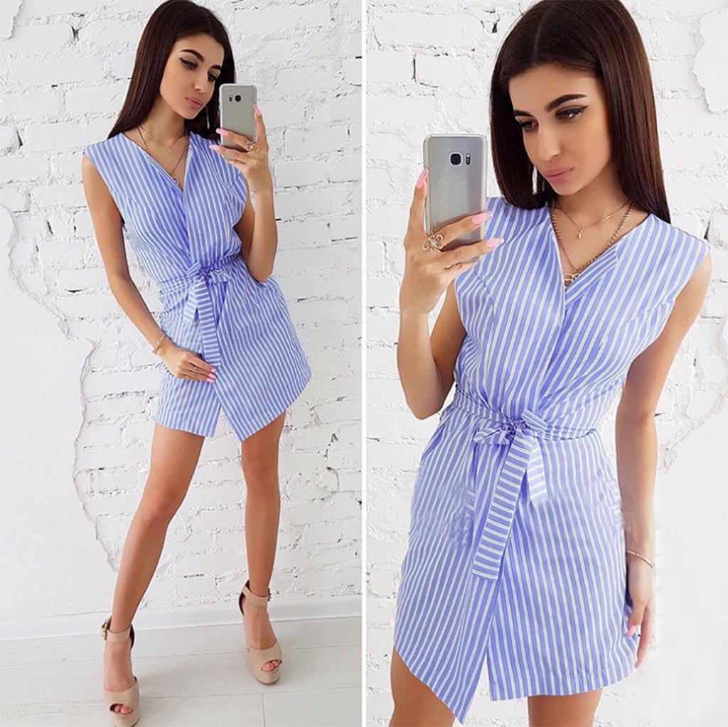 Women Summer Sexy Belt Tie Up Work Office Striped Sleeveless Short Mini Dress