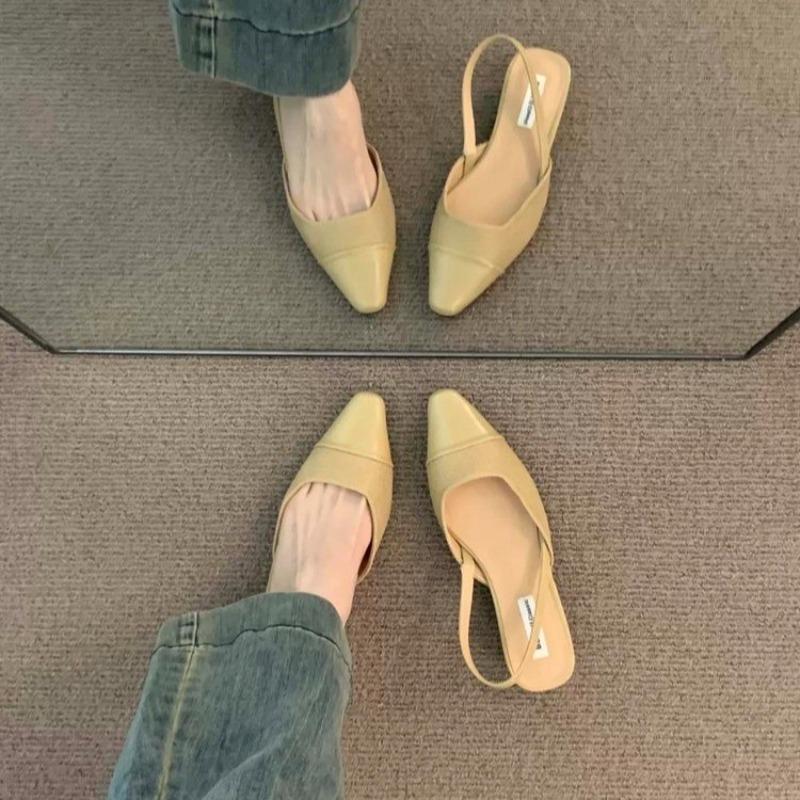 Niedrige Absätze Baotou Sandalen Damen Französische Nude-Farbe Spitz Kleine Duftender Stil Slingback Dicke Absätze Rücken Luft Stil Einzelne Schuhe