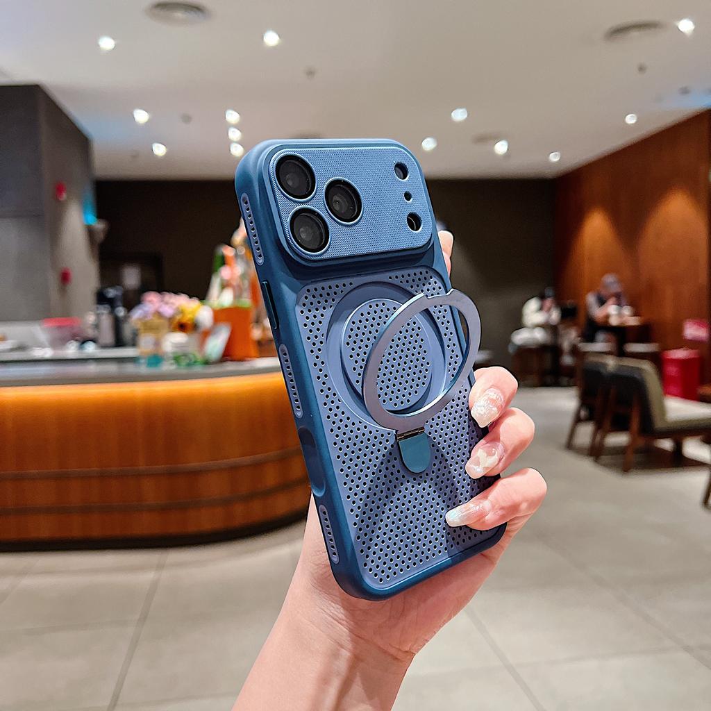 Luxury Heat Dissipation Cooling Mesh Hole Case for iPhone 17 16 15 14 Plus 13 12 Pro Max For Magsafe Stand Holder Armor Cover