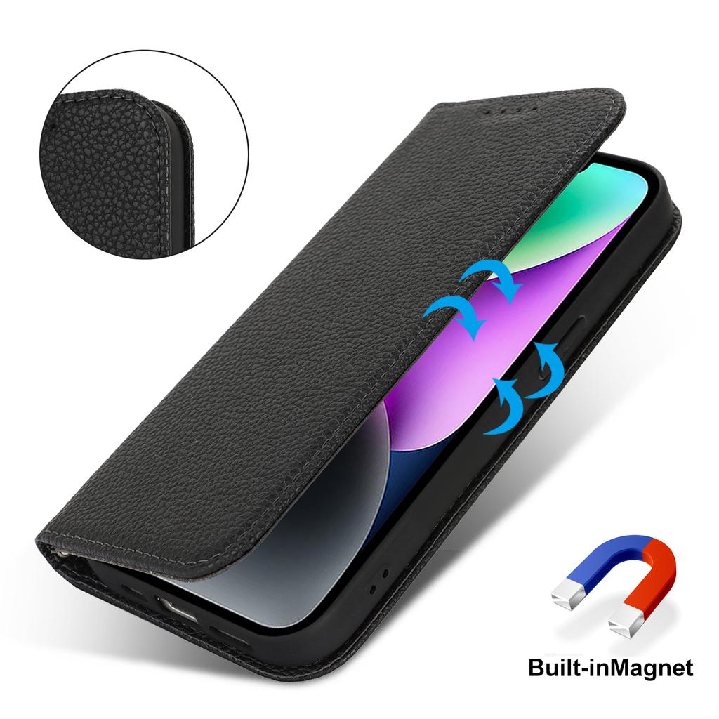 Stand Case for iPhone 14/13 Litchi Texture Leather Flip Phone Cover with Strap/Wallet