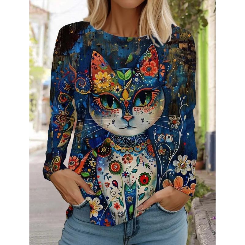Spring and Autumn Round Neck Art Cute Cat Pattern 3D Printed Top Fashionable Casual Long Sleeved Women's T-shirts