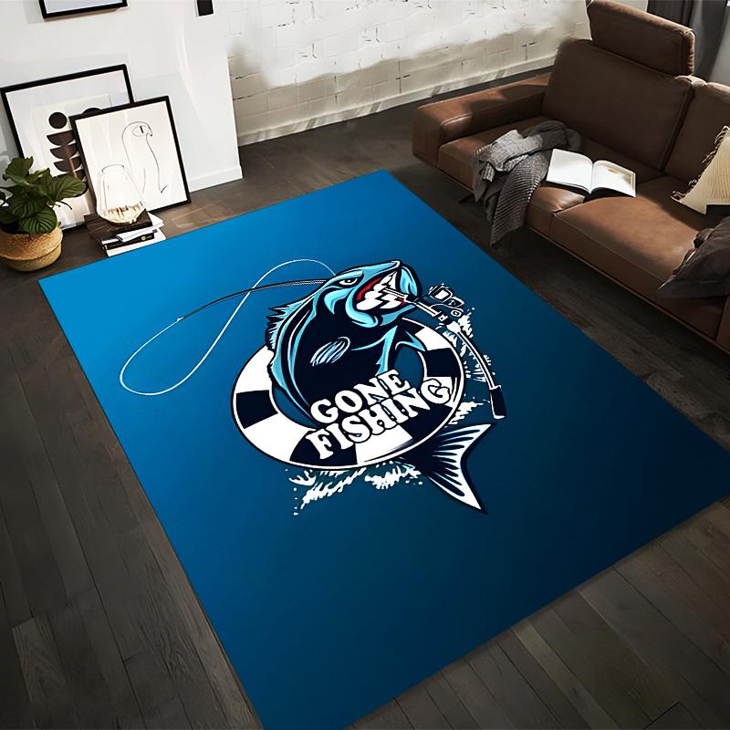 

Blue Gone Fishing Carpet with Fish and Fishing Rod Design Suitable for use as an anti-slip for living room bedroom sofas 40x60cm( 15x23in )