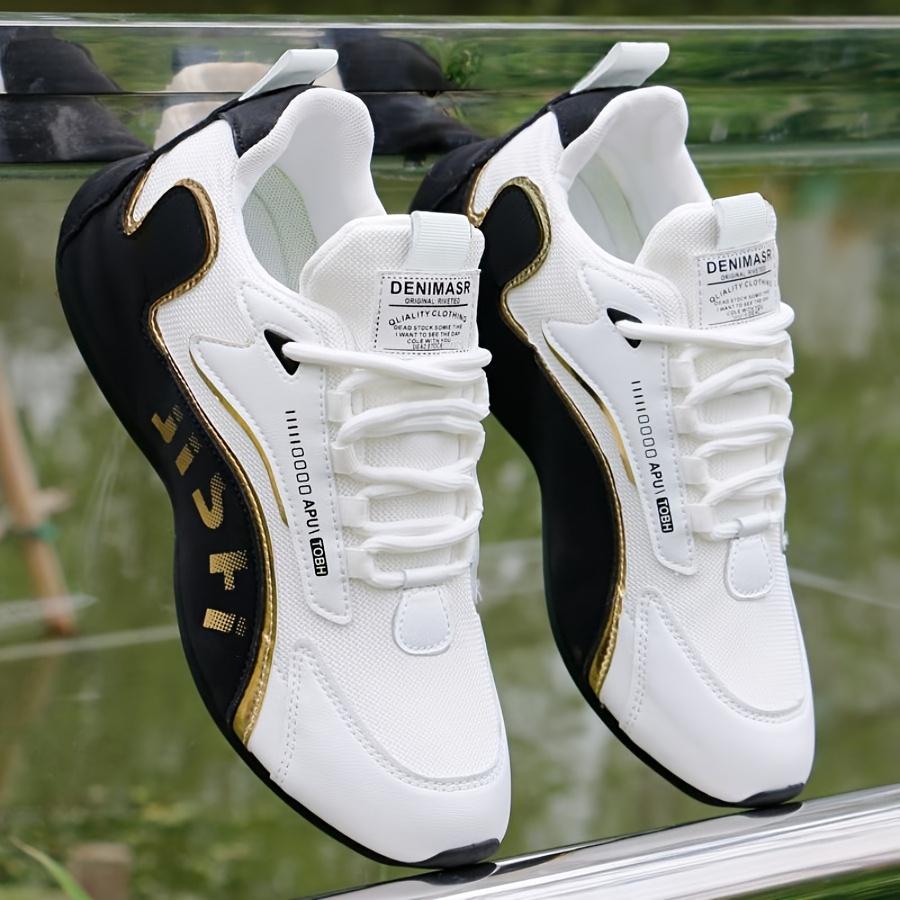 Men's Fashion Casual Sneakers - Breathable Mesh Upper, Anti-Slip Sole, Lace-Up Design In White and Black with Golden Accents, All-Season Sneakers