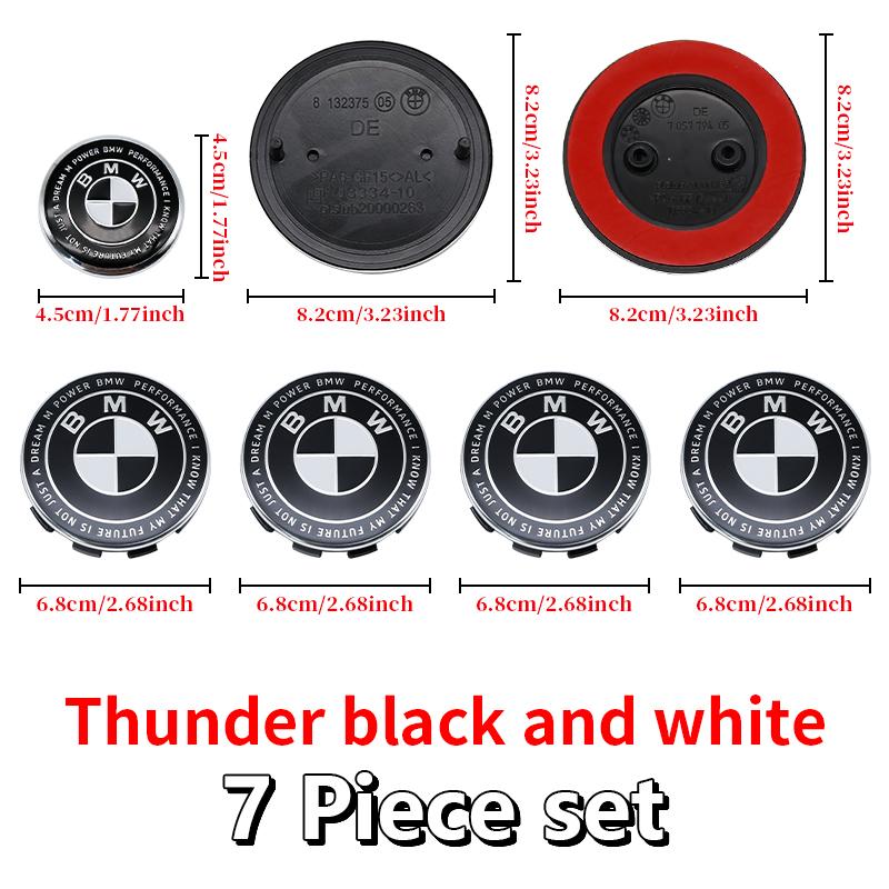 Competition Black White Emblem Set for BMW Hood Trunk Wheel Steering Badge 7Pcs 74m 82mm 68mm 56mm Universal 2-Pin 3-Pin Clips