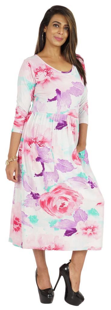 Phagun Women Summer Midi Dress Casual Loose Pockets Dress Scoop Neck Dresses