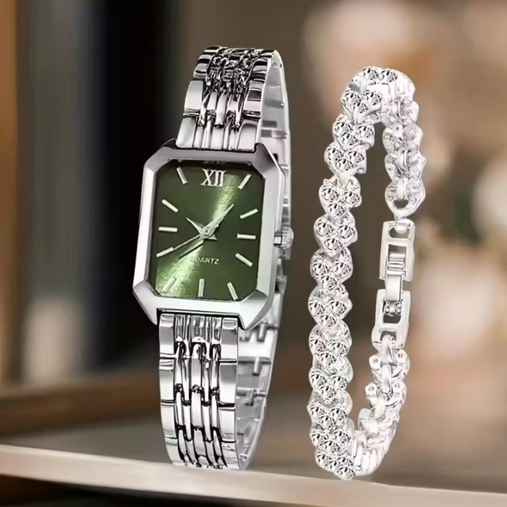 Fashion Stainless Steel Wristwatch Bracelet Set Rhinestone Quartz Quartz Watches Folding buckle Square Strap Watch Student